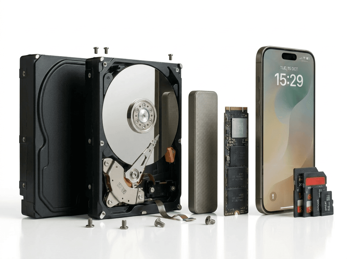 Datenspeicher-Medien: Festplatte, SSD, Speicherkarten und Smartphone — professionelle Datenrettung
